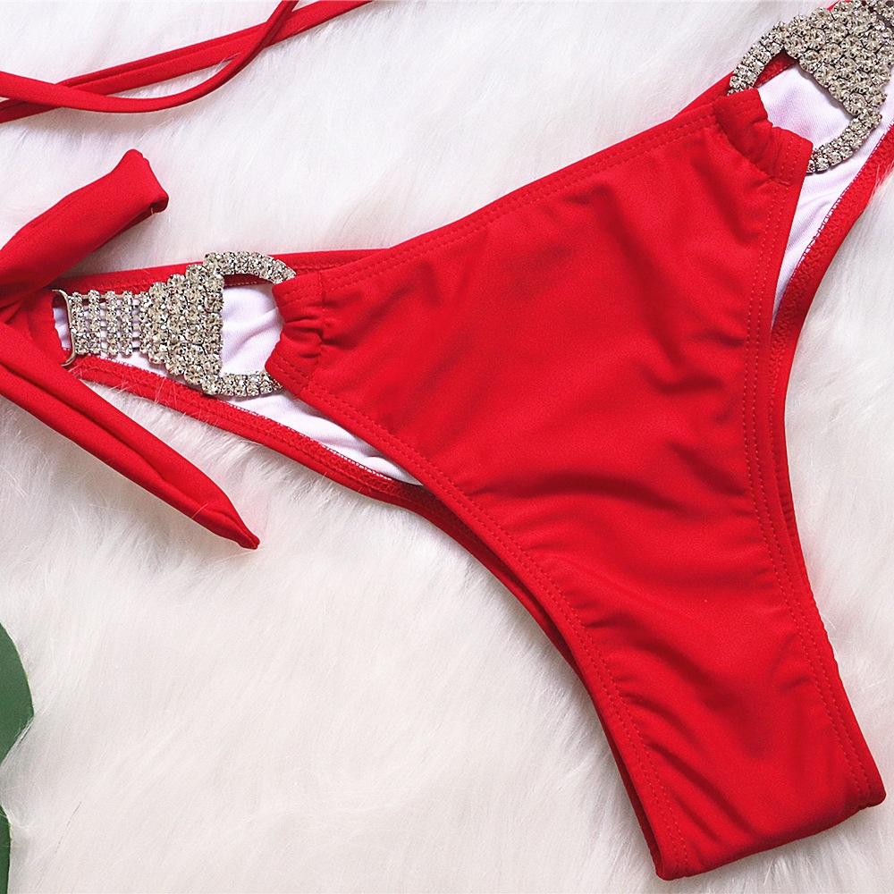 Maillot de bain bikini sexy à bretelles de couleur unie pour la plage, maillot de bain en strass