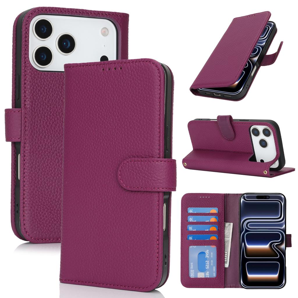 For iPhone 17 Pro Max Stand Case Litchi Texture Genuine Cow Leather Wallet Phone Cover RFID Blocking