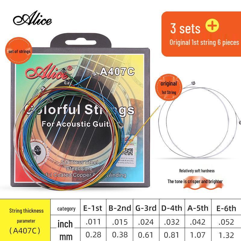 Corde per Chitarra Acustica Alice Folk - Set Completo da 6 (Corde 1ª, 2ª, 3ª come Singole)