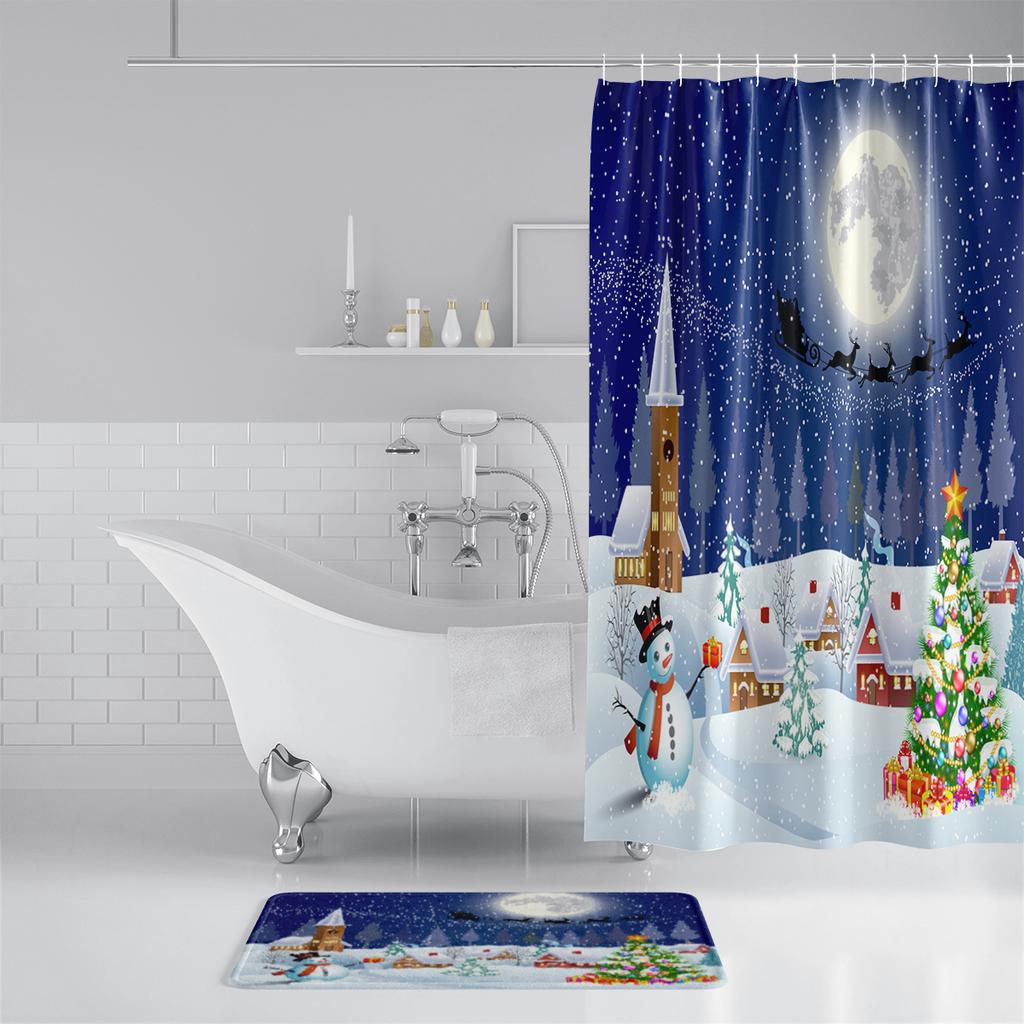 1Pc Waterproof Shower Curtain With Hooks Christmas Snow Scene Bathtub Curtain Soft Floor Rugs Non-Slip Bath Mat Bathroom Decor