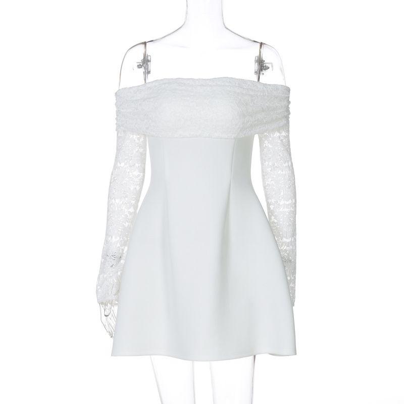 

Fashion 2024 Winter New Arrival Fashionable, Elegant and Sexy Silm off-Shoulder Lace Patchwork Long Sleeves Dress White L