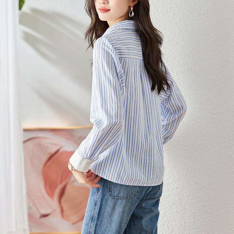 Blue Striped Shirt for Women Long-sleeved Spring and Autumn Clothes New Casual Top Cartoon Embroidered Cotton Shirt