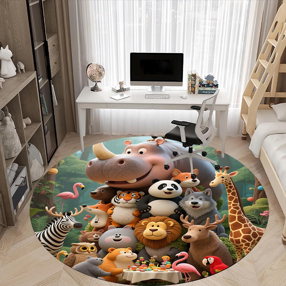 1pc Zoo Party Office Round Area Rug, Indoor Mat Suitable ForOffice, Under Office Chairs Bedroom Living Room Home Decor, Room Deco T106