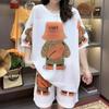 Plus Size Women's Summer Bear Print Knitted Two-Piece Shorts Suit