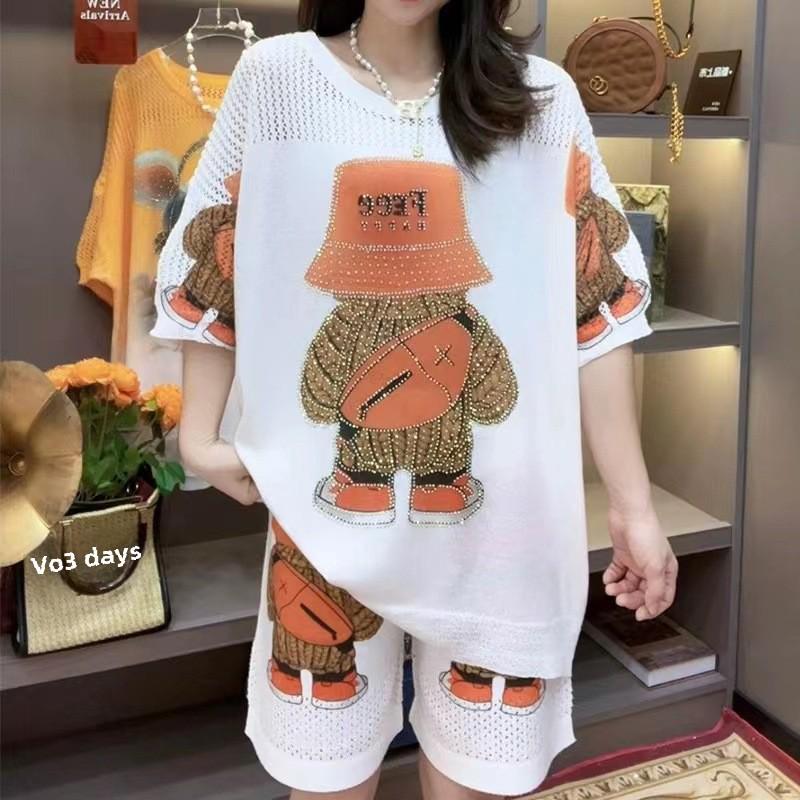 Plus Size Women's Summer Bear Print Knitted Two-Piece Shorts Suit