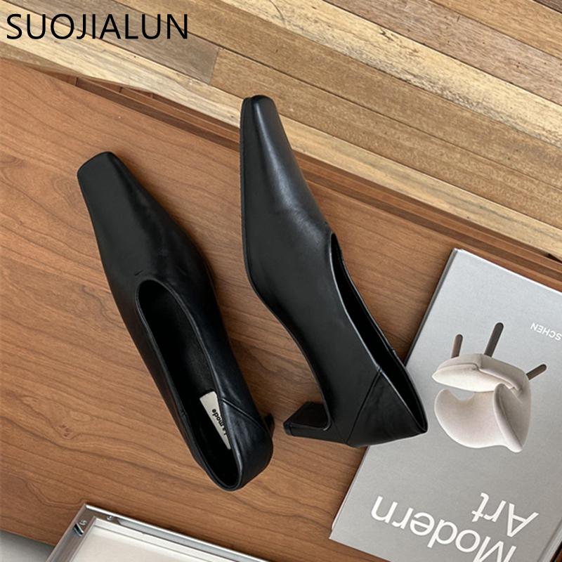 Fashion SUOJIALUN Autumn Women Pumps Shoes Fashion Shallow Slip On Ladies Eelgant Single Shoes Square High Heel Outdoor Dress Pumps
