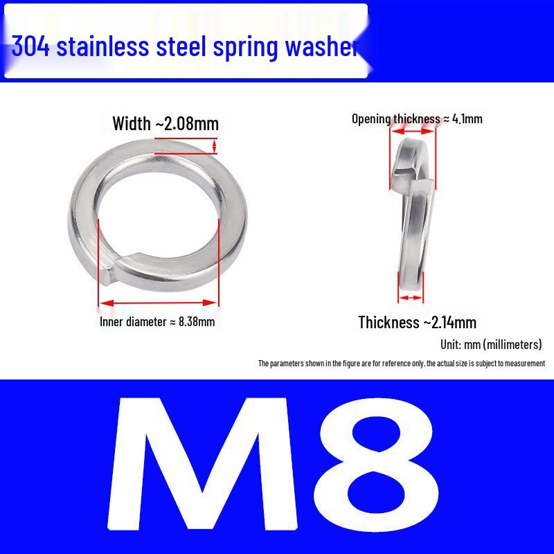 304 Stainless Steel Open Type Elastic Spring Washer, Spacer for M2, M3, M4, M6, M8, M14, M20, M24