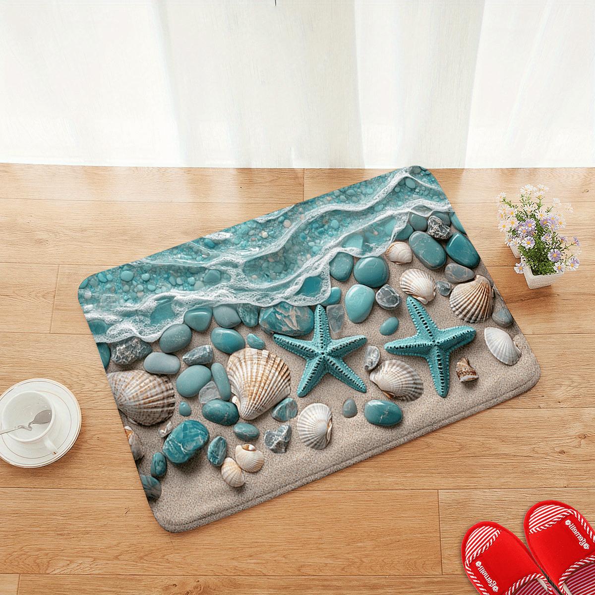 VIKAMA blue-green marine bio printed bathroom floor mat, anti slip, absorbent, quick drying shower room carpet 90cm by 60cm