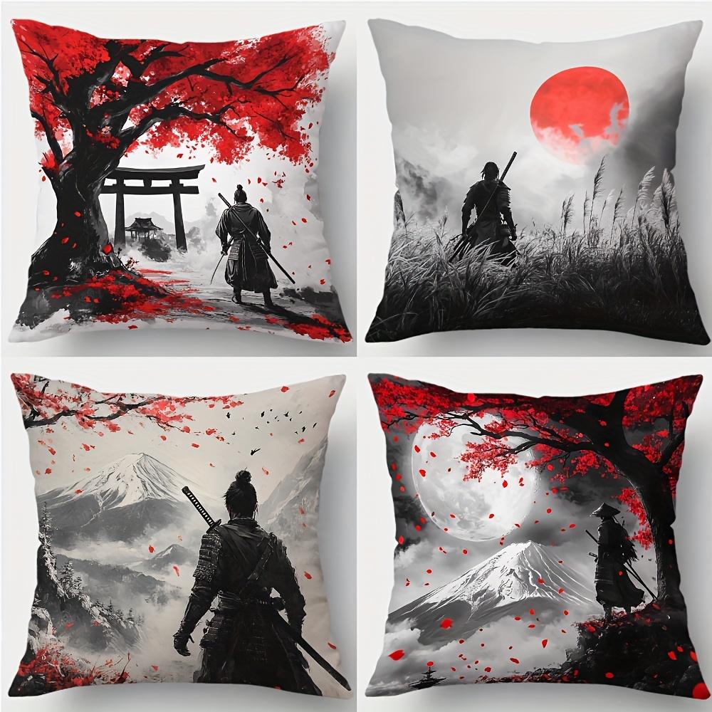 4-Piece Printed Pillowcase Set – Japanese Culture Theme (Samurai, Cherry Blossoms, Mt. Fuji & Torii Gate) 35x35cm