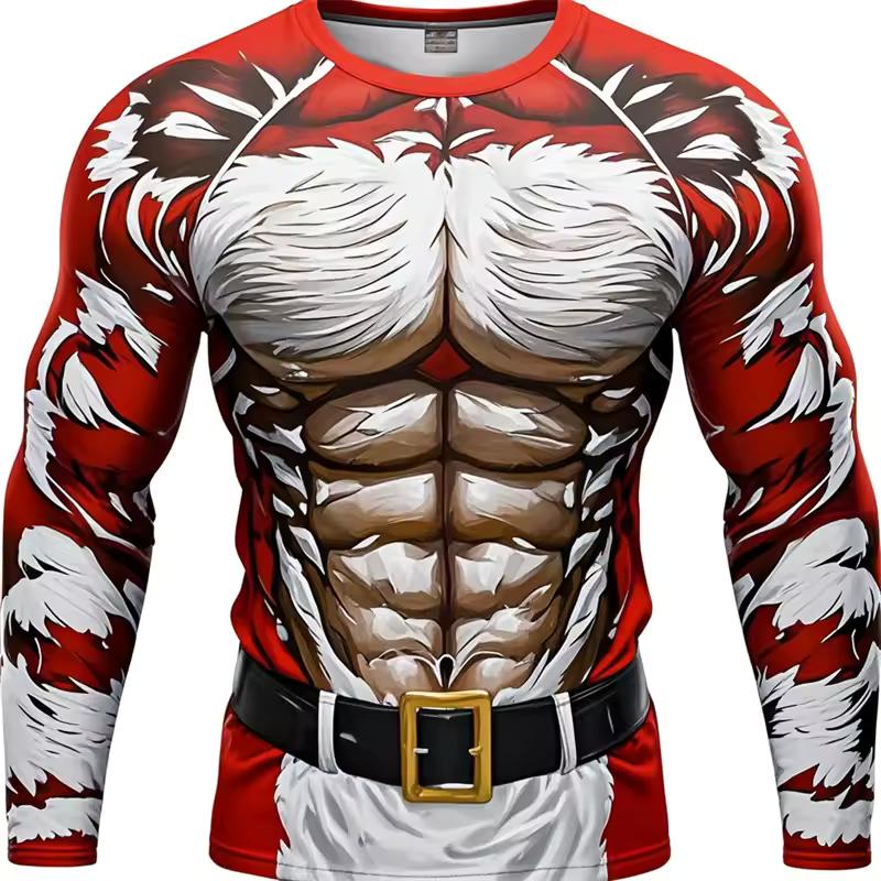 Funny Ugly Santa Claus Fake Muscles 3D Print T-shirts Xmas Men Women Long Sleeve Tees Fashion Oversized Christmas Men's Clothing