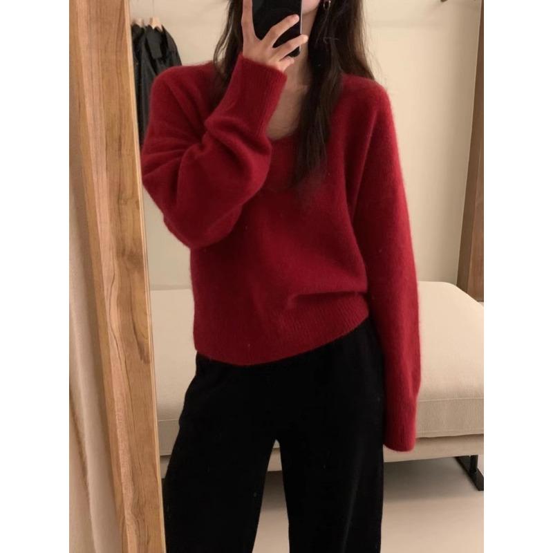 Women's V-neck Knitted Sweater Thick Autumn and Winter Loose Lazy Sweater Pullover Sweater