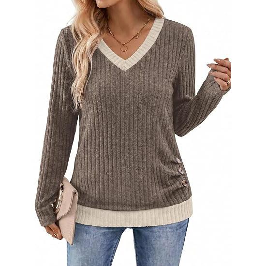 TIFICY Women's Fashion Casual Spring Autumn Solid Color Print Long Sleeve V-Neck Blouses & Shirts