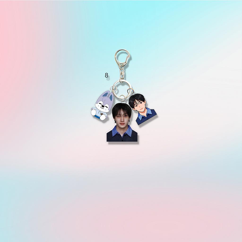 8pcs Stray Kids Triple-Charm Acrylic Keychain Set, Kpop Member Photo + Matching Cartoon + SKZOO Character Bag Pendant, STAY Fans Collectible Accessory