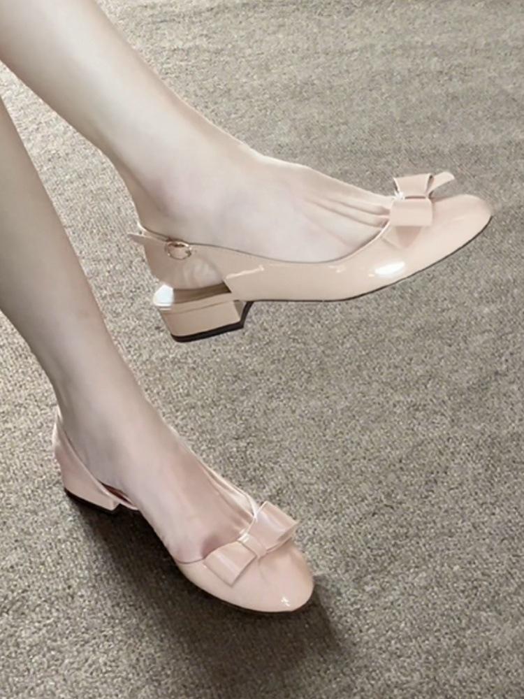 French Gentle Round Head One-word Buckle with Sandals Women's Summer 2025 New Congyuan Same Bow High Heels