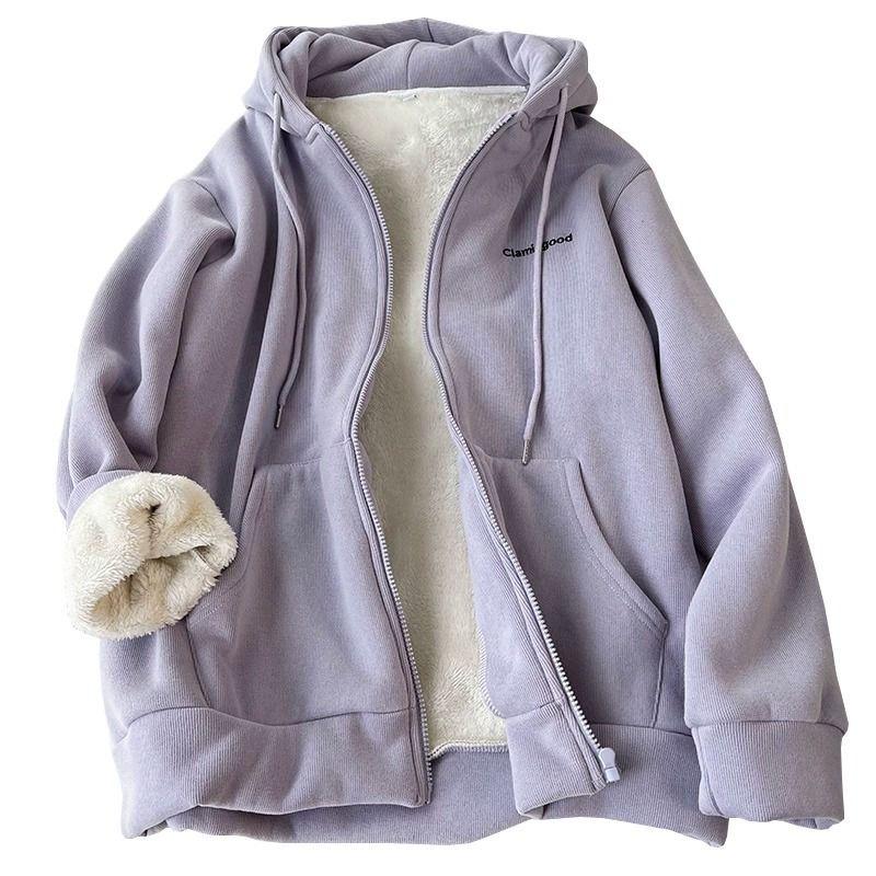 Hooded Cardigan for Women Velvet Thick Plush Fleece Coat Zipper Embroidered Letters Preppy Style Sweatshirt Korean Top Clothes