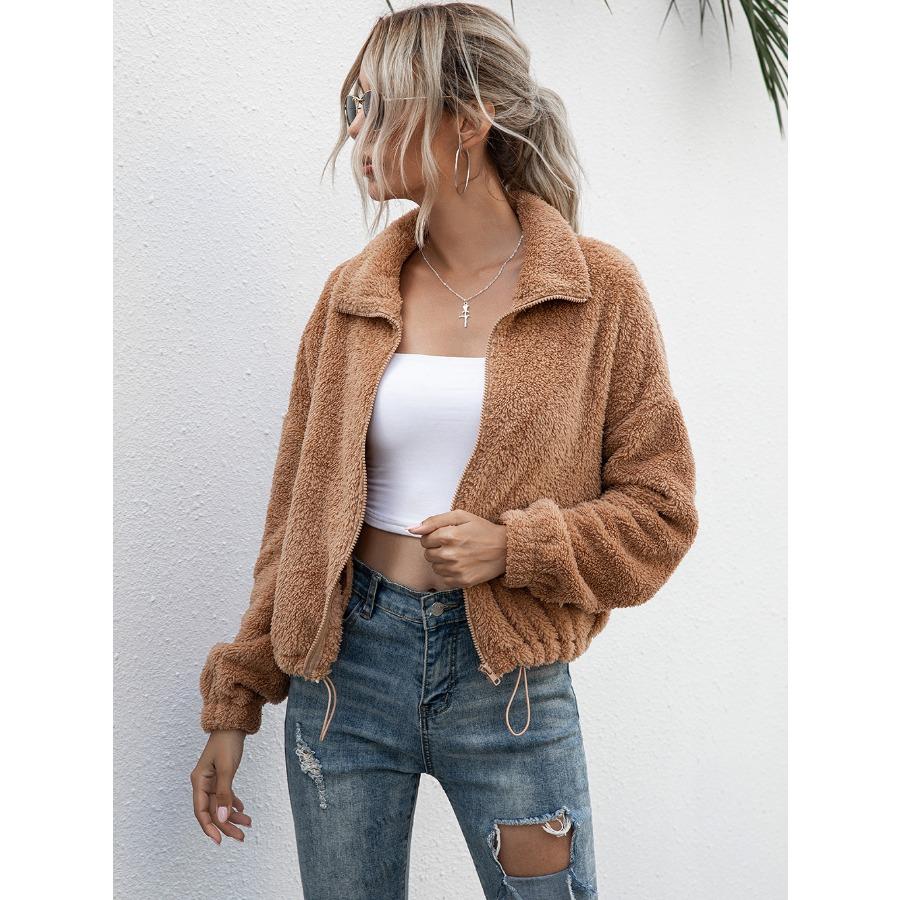 Autumn Winter Double-sided Velvet Short Plush Coat Top Women's Fashion Hoodie Jacket