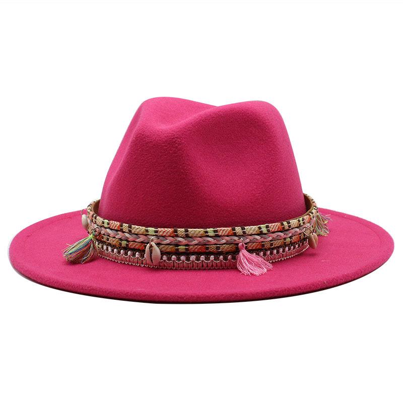 Woolen Top Hat, Fringed Minority Style Jazz Hat, Retro Flat-Brimmed Big Eaves Hat.
