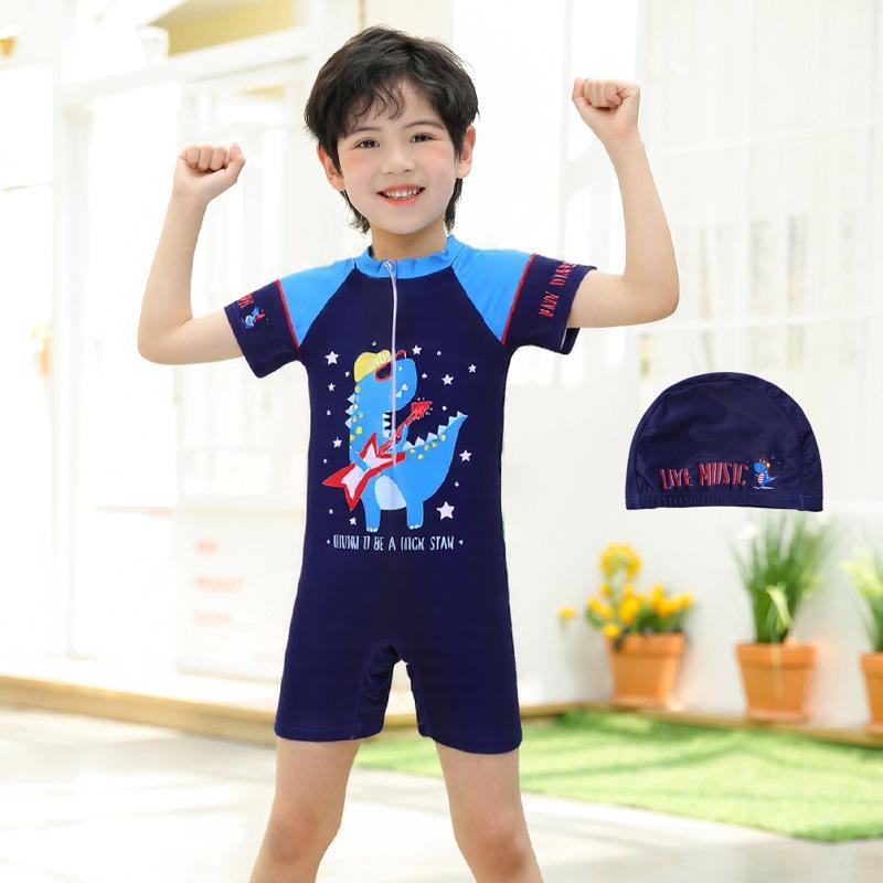 New Boys' One-Piece Cartoon Swimsuit: Cute, Quick-Drying Sun Protection for Toddlers to Big Kids