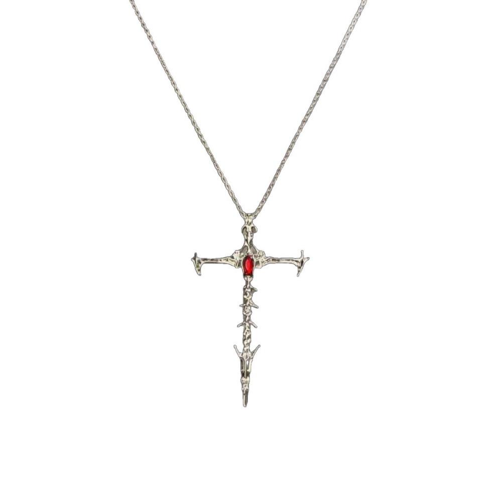 Punk Retro Inlay Red Rhinestone Sliver Color Stainless Steel Thorn Cross Sword Pendant Necklace for Women Fashion Jewelry Gift