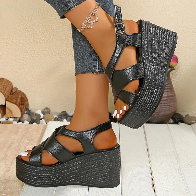Fashion Chunky Platform Sandals for Women Thick Bottom Cross Strap Gladiator Sandals Woman 2025 Summer Fashion Wedge High Heel Sandalias
