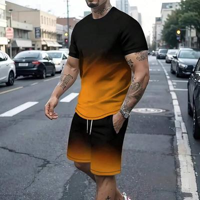 Manfinity Homme Men Summer Color Block Printed Round Neck Short Sleeve Casual T-Shirt And Drawstring Waist Shorts Set