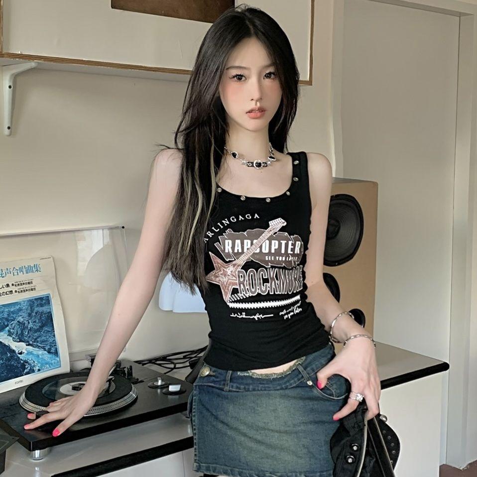 Dámské topy Y2K Retro trička bez rukávů Černé dívky Ležérní vesta Street Wear Letní vnitřní topy