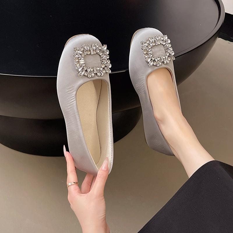French Rhinestone Satin Square Head Single Shoes Women's 2025 New Spring Flat Temperament with Skirt Mary Jane Shoes Ladyshoes