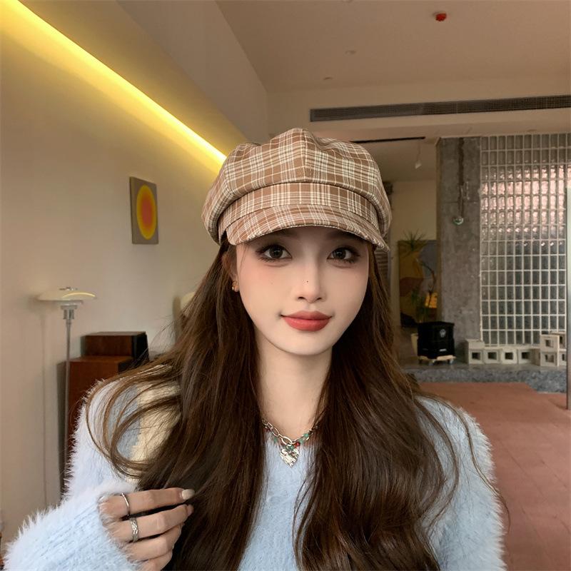 Korean New Hat Women's Autumn and Winter Plaid Octagonal Hat Fashionable Temperament Newsboy Hat Versatile Casual Peaked Hat