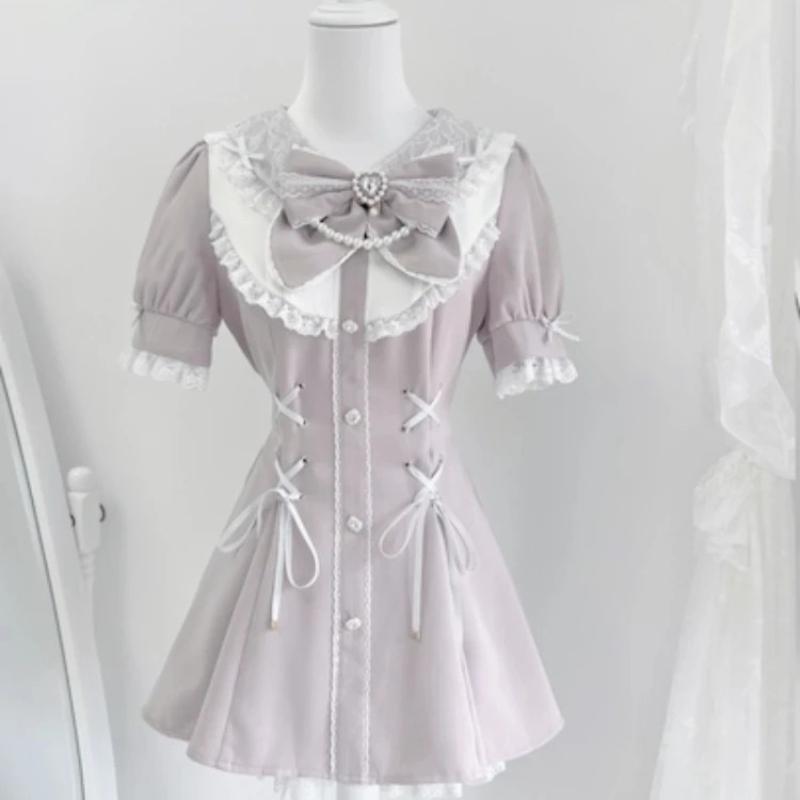 Japanese Y2 Aesthetics Vintage Bow Dress Shorts Set Women Gothic Lolita Style Long Sleeve Shirt Dress Elegant Party Dress Suits