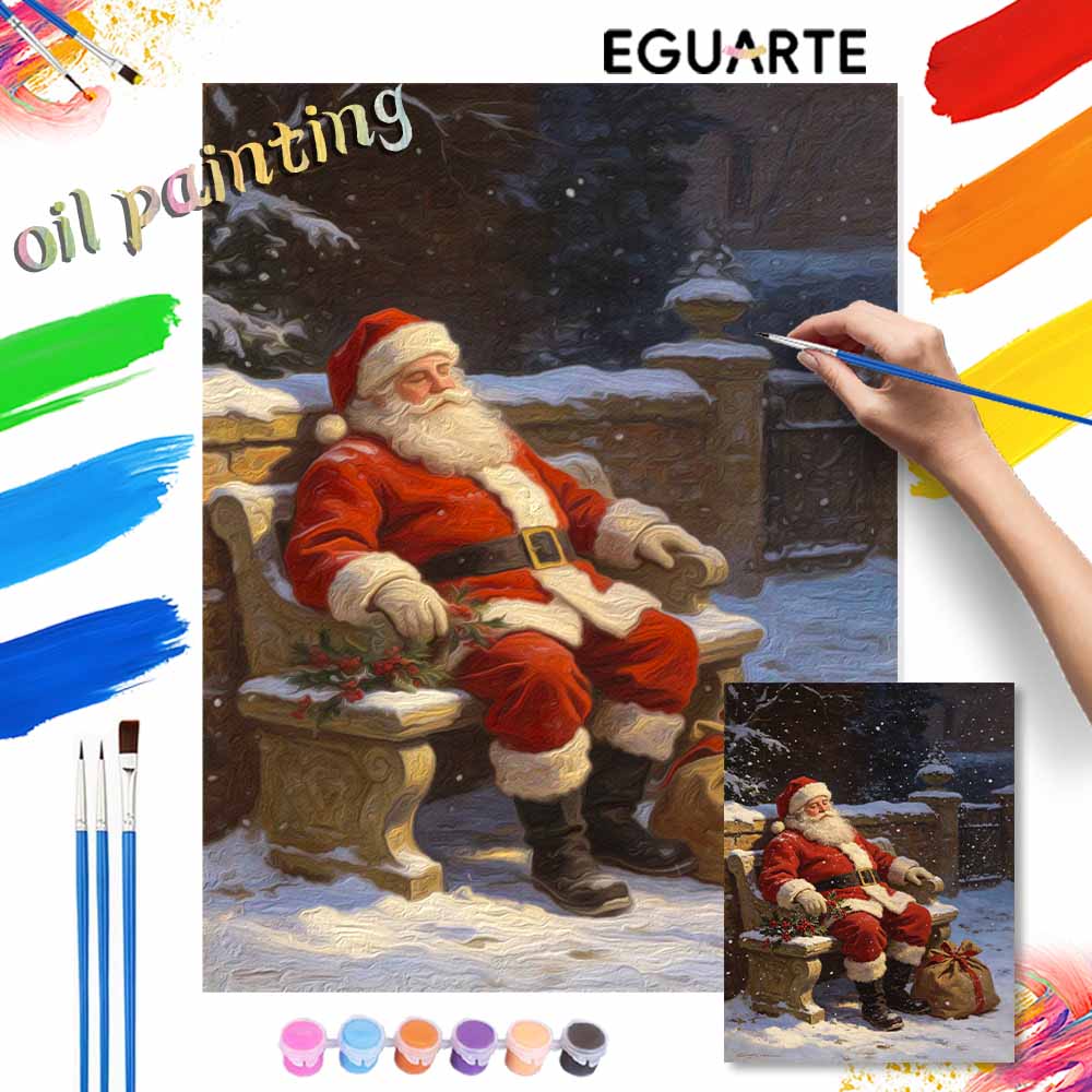 Christmas Santa Claus Sleeping On Bench Digital Oil Painting Art Kit Hand Painting Home Decoration Painting