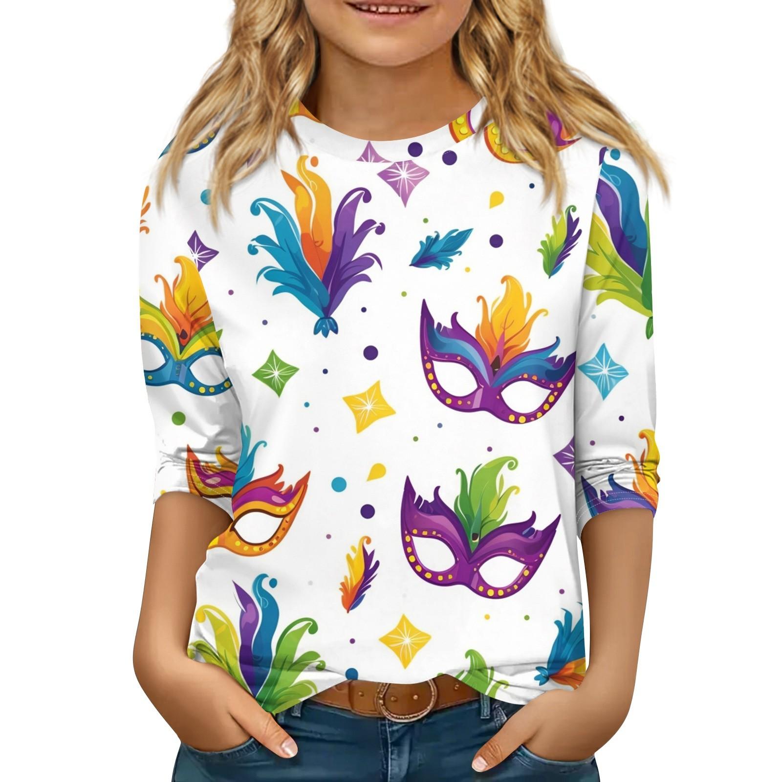 

Детские топы с рукавами 3/4, повседневная футболка с карнавальным принтом, круглый вырез, блузка-пуловер 140 белый