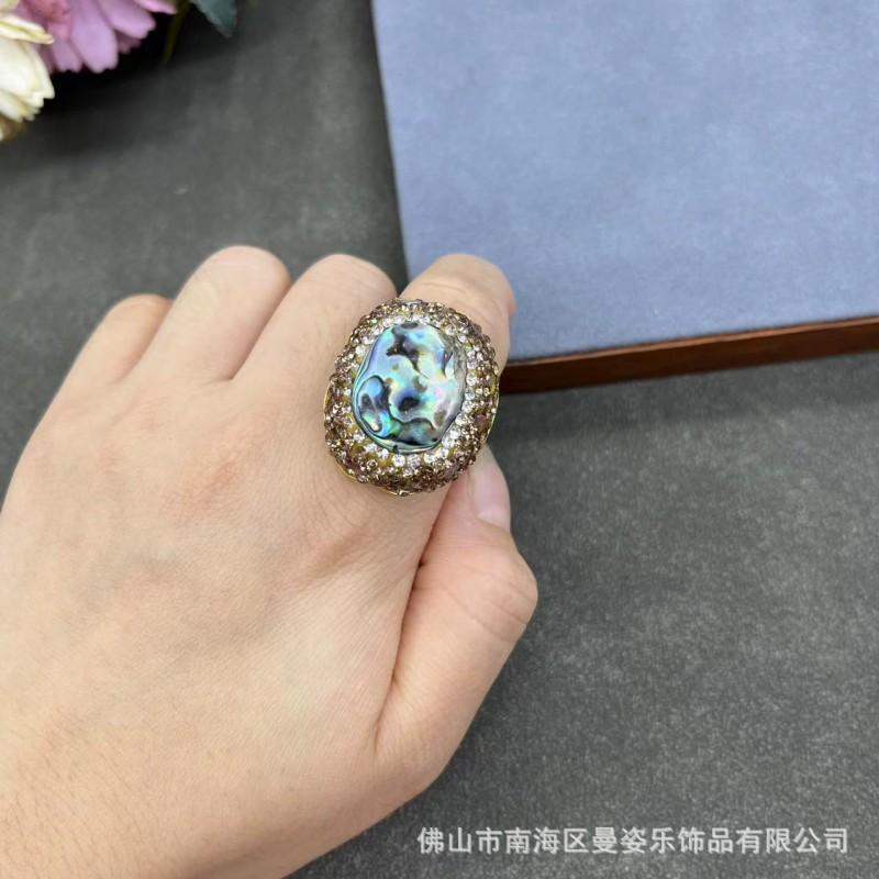 Adjustable Shell Ring With Full Crystal Inlay Natural Stone Geometric Design Women Trendy Fashion Jewelry