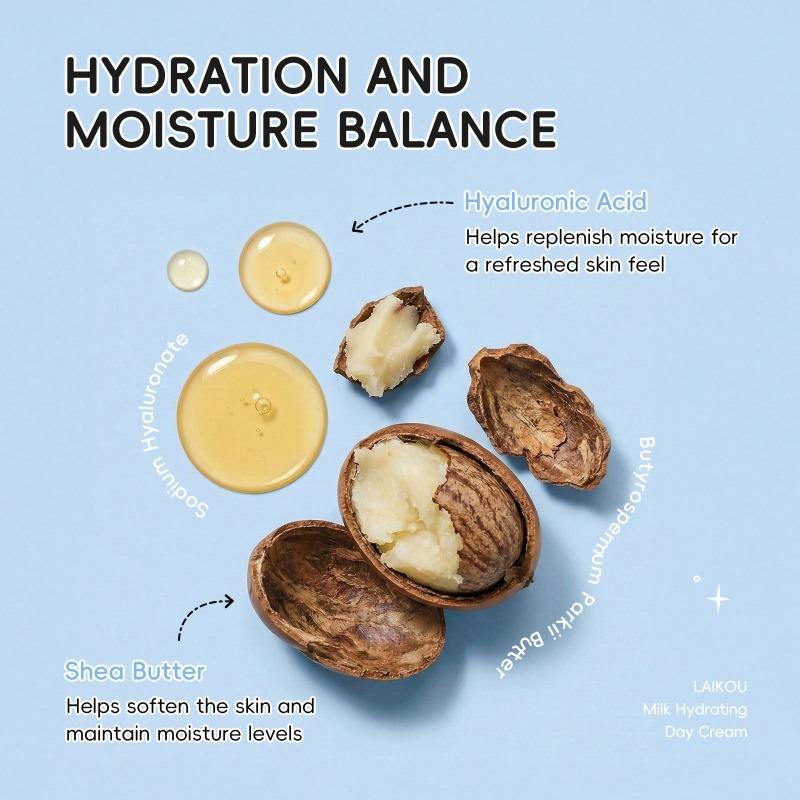 LAIKOU Milk Hydrating Day Cream 30g - Daily Face Moisturizer with Hyaluronic Acid, Vitamin C & E for Silky, Soft and Smooth Skin