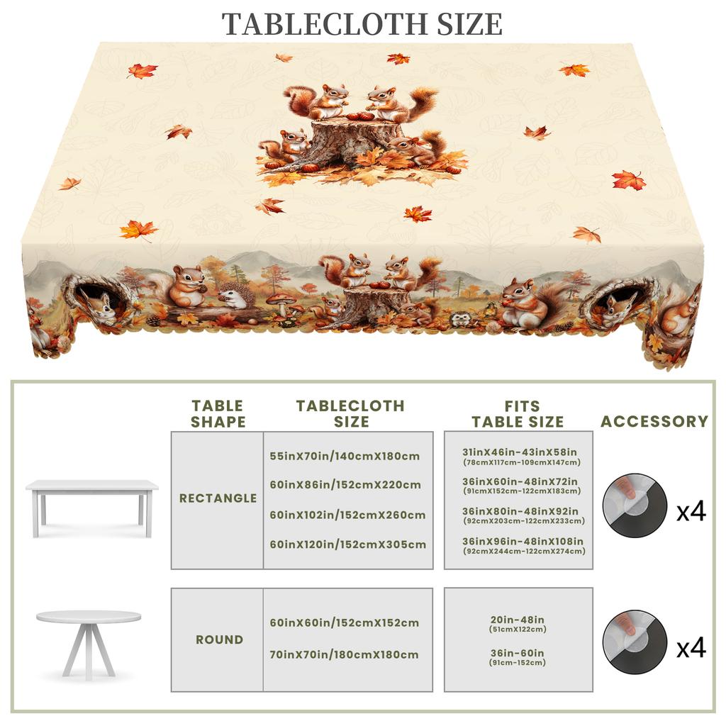 1 Stück Herbst Runde und Rechteckige Tischdecken, Erhältlich in verschiedenen Größen, Niedliches Eichhörnchen, Ahornblatt-Druckmuster Tischdecken, Thanksgiving Part