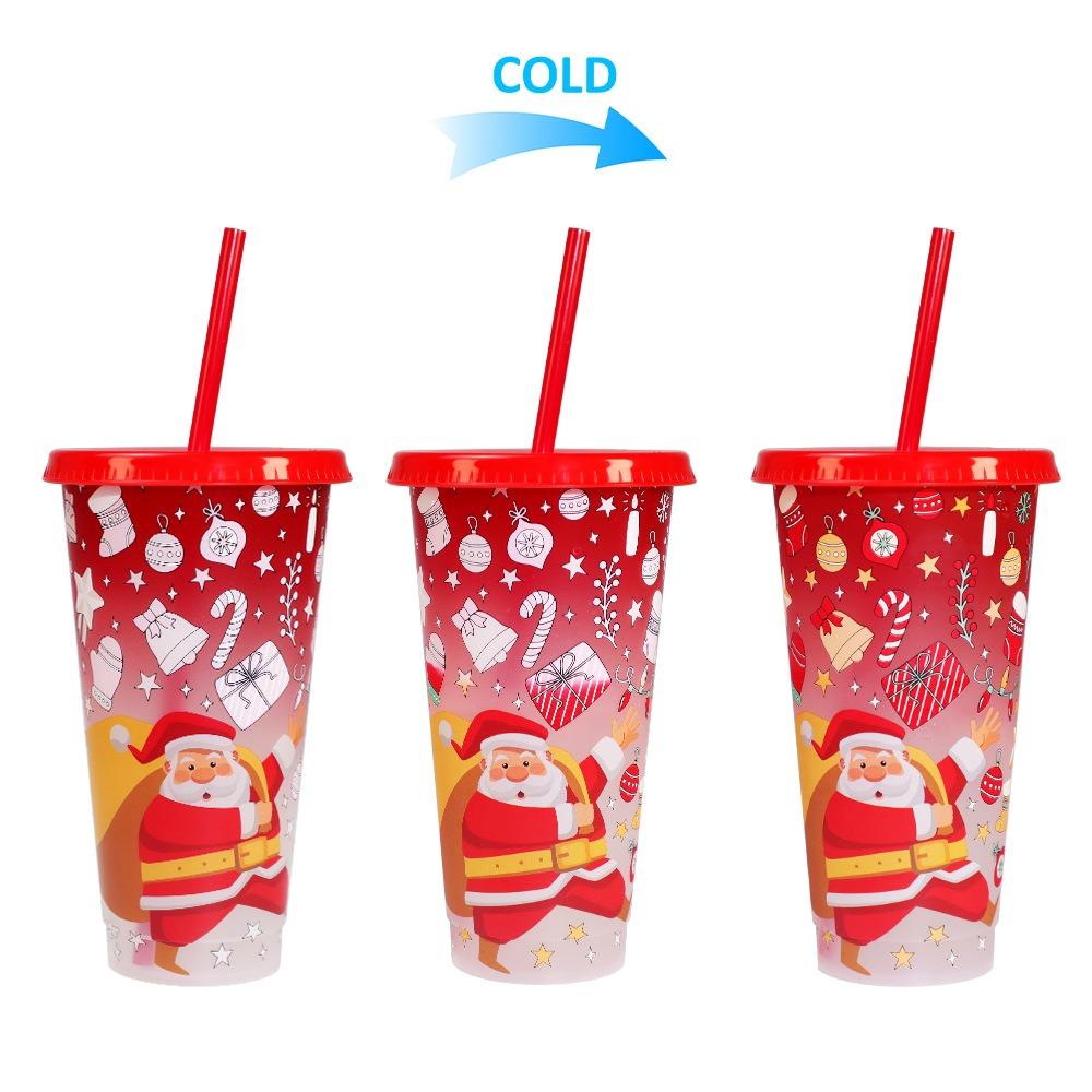 New Plastic Color Changing Cup Discoloration Dining Supplies Cold Drink Cup 710ml Reusable Straw Cup Christmas