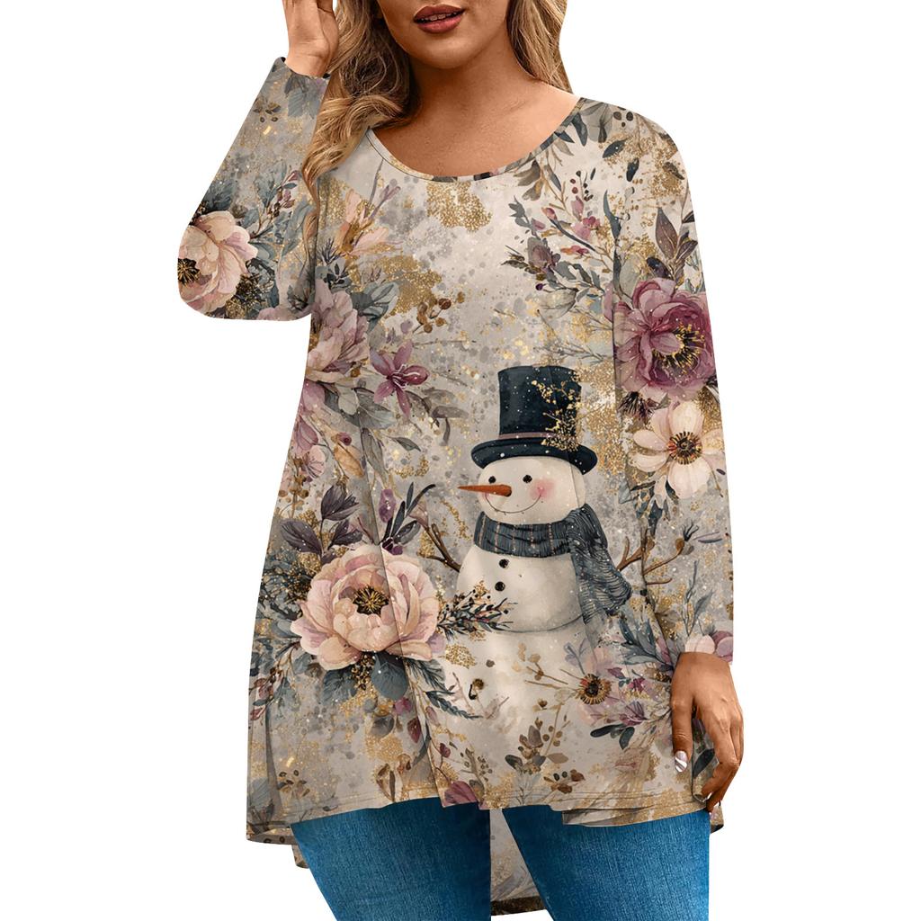 Women's Fashionable Casual Long Sleeved Plus Size  Print Top Plus Size Floral Print Top