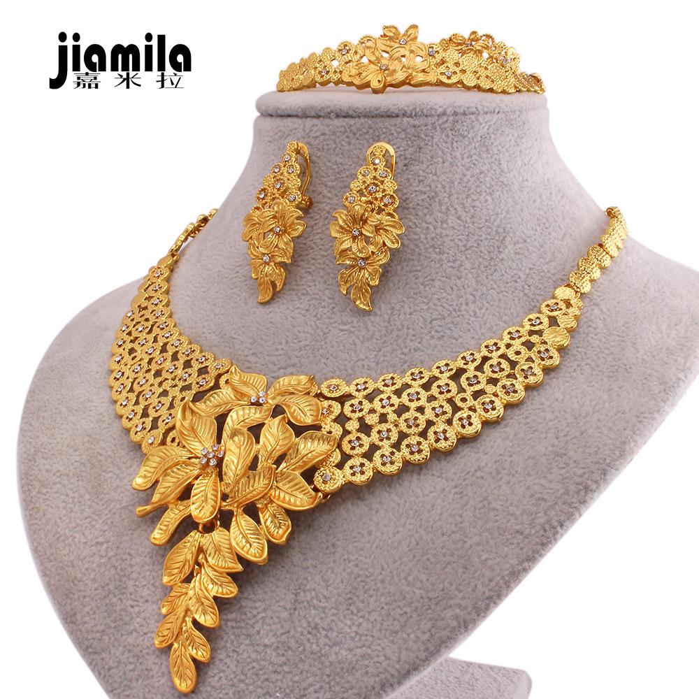 

Дубай 24-каратного позолоченного ювелирного комплекта, женское свадебное ожерелье, серьги, кольцо, браслет, комплект из четырех предметов