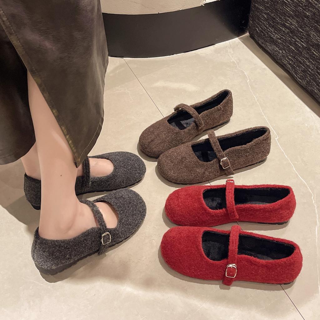 Herbst und Sommer Baumwollschuhe Koreanische Edition Französische Flache Mit Fleece Mary Jane Flauschige Schuhe Weiche Sohle Einzelne Schuhe