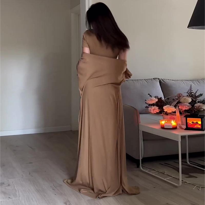European & American Autumn/Winter High Neck Casual Loose Solid Color Slimming Shawl Dress