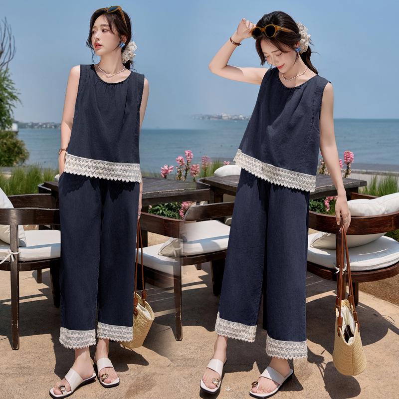 

Летний кружевной джинсовый жакет без рукавов и брюки широкого кроя, комплект 2025 XL (125-140 jin)