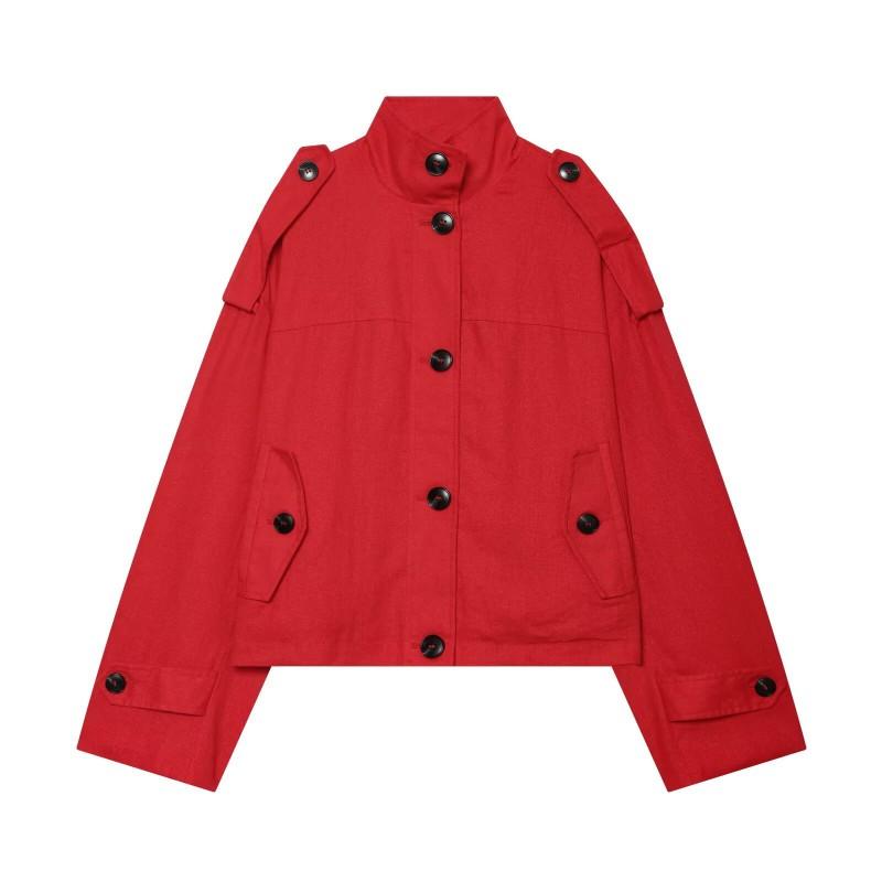 Womens Short Loose Fit Stand Collar Long Sleeve Jacket With Single Button Casual Chic Outerwear