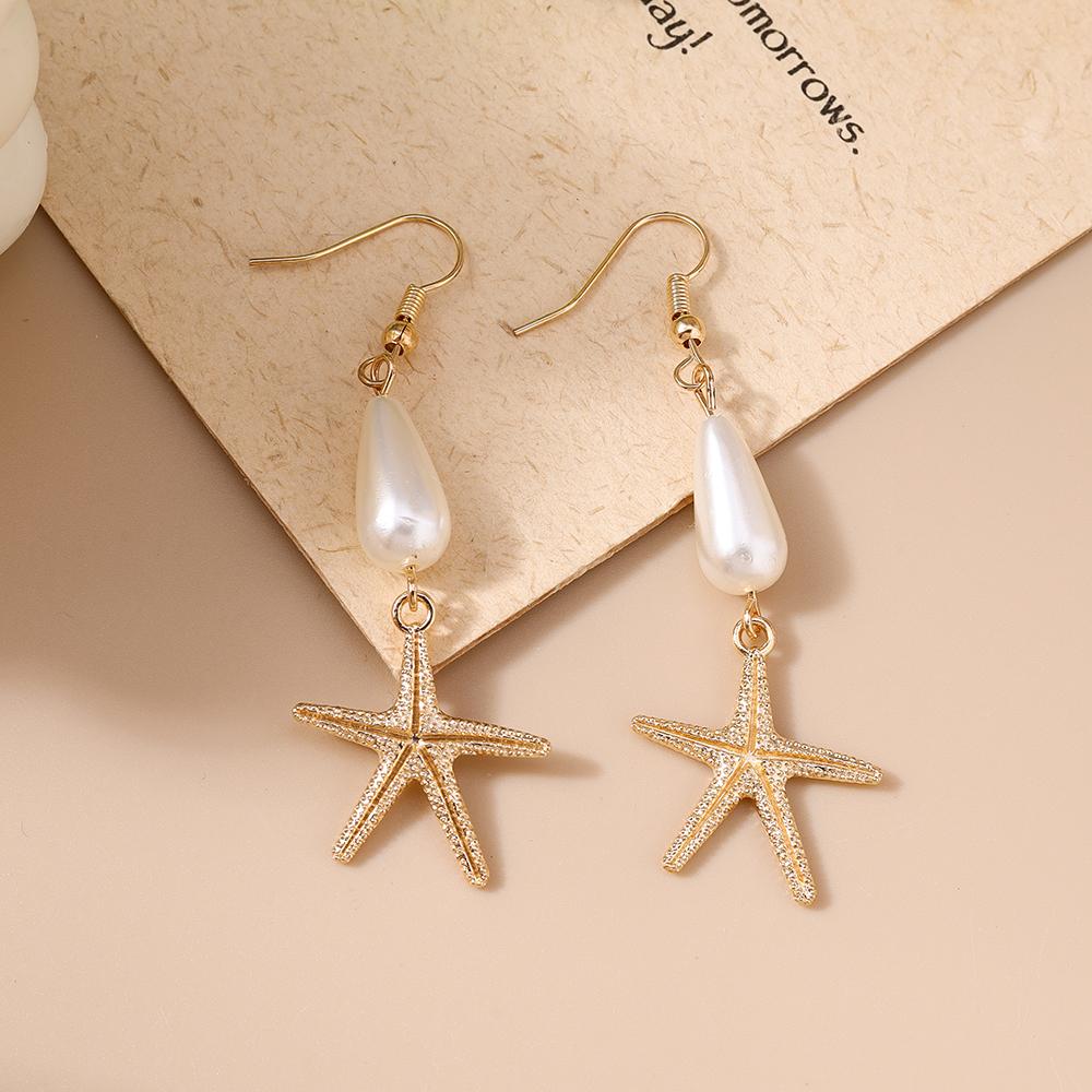 Cute Conch Starfish Shell Drop Earrings for Women Girls Boho Pearl Earrings Summer Beach Jewelry Gifts