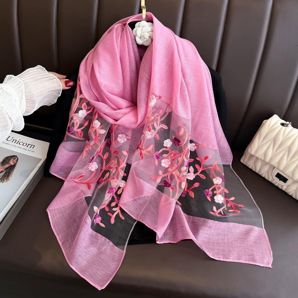 Elegant Soft Thin Luxury Silk Scarf Flower Embroidery Foulard Women Hijab Shawls Large Wraps Shiny Lace Scarf Female