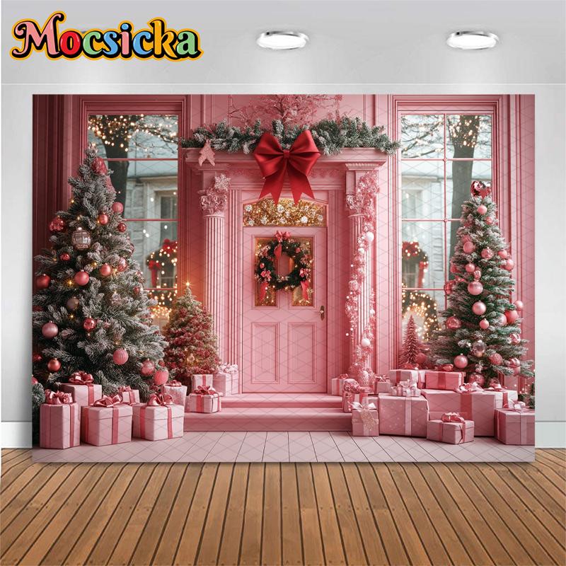 Mocsicka Pink Christmas Home Background Photography Gifts Snow Door Kid Xmas Tree Backdrop Party Shooting Room Decoration Studio