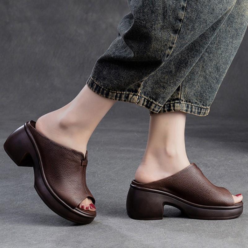 Johnature Pantoufles à bout ouvert et semelle épaisse en cuir véritable, sandales rétro, chaussures confortables et décontractées pour femmes
