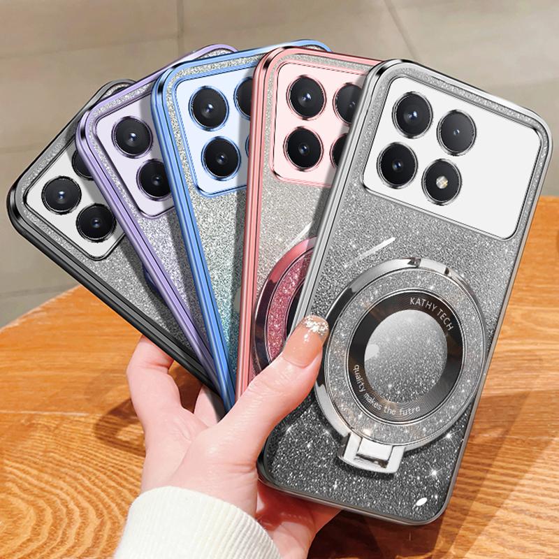 For Poco X6 Pro Magnetic Bling Ring Holder Case,Detachable Glitter Sticker Chromed TPU Case With Stand For Redmi K70E K70 Pro