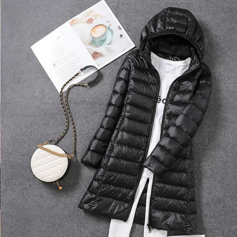 2026 Fall and Winter New Light Down Jacket Women In Long White Duck Korean Version of the Lightweight Windbreaker Thin Jacket Removable Cap Warm Coat
