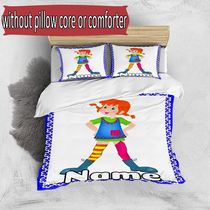 3-teiliges Bettbezug-Set (1 * Bettbezug + 2 * Kissenbezug, ohne Kern), Personalisierbares Bettwäscheset mit Pippi Langstrumpf-Muster, Dekoration für Schlafzimmer zu Hause, Geschenk