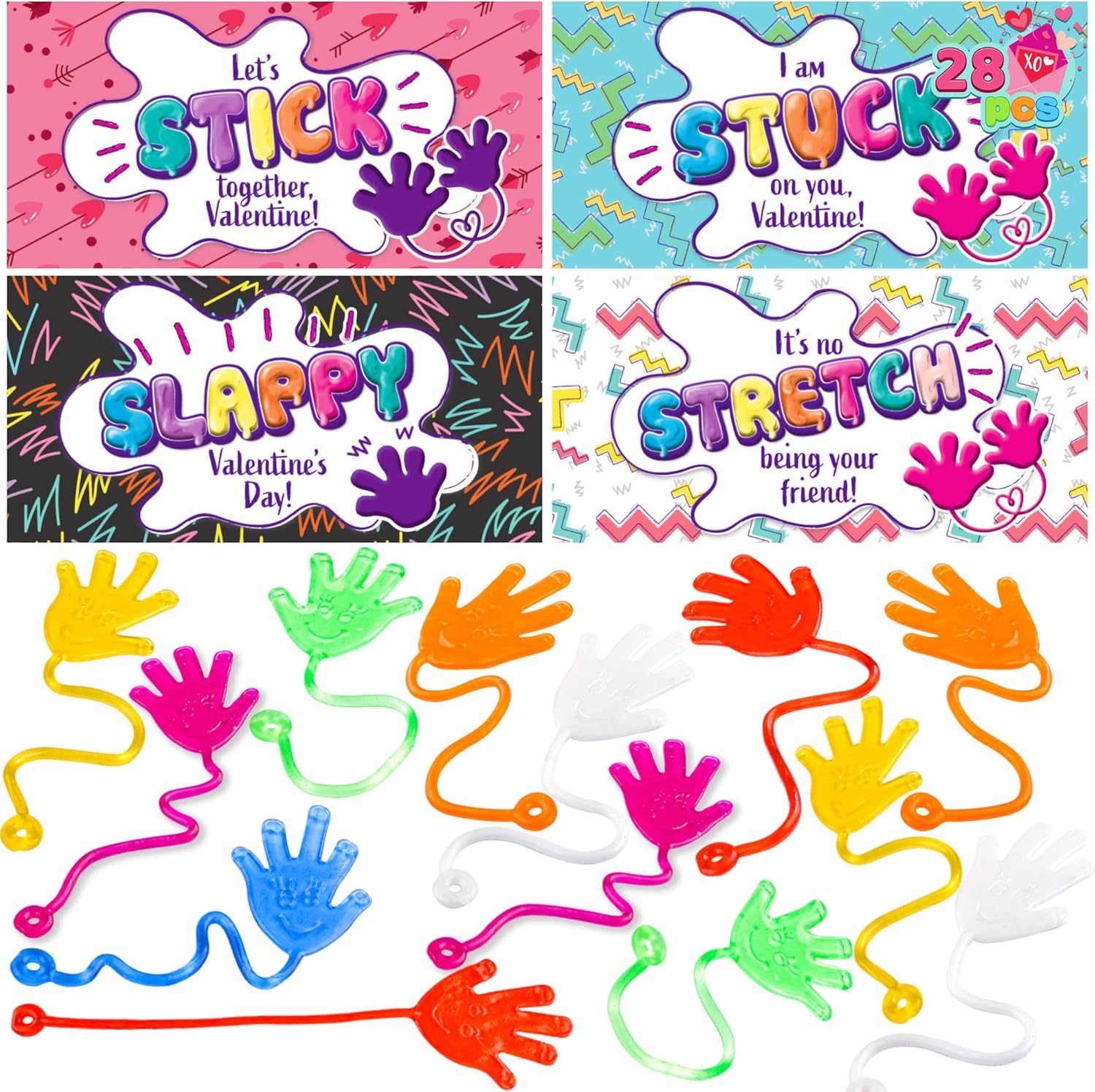 

28 Packs Valentines Day Sticky Hands featuring Card Headers designed for Celebration Favor Classroom Exchange Prizes Greeting Cards