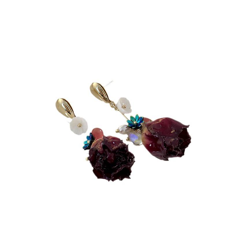 Elegant Wine Red Rose Seashell Earrings